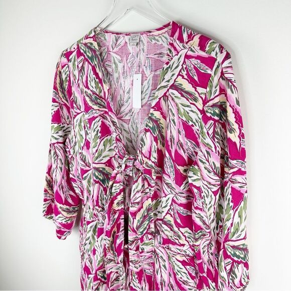 LOFT Beach Palm Tie Front Linen Pink Floral Print 3/4 Puff Sleeve Romper, Size M - Picture 4 of 15